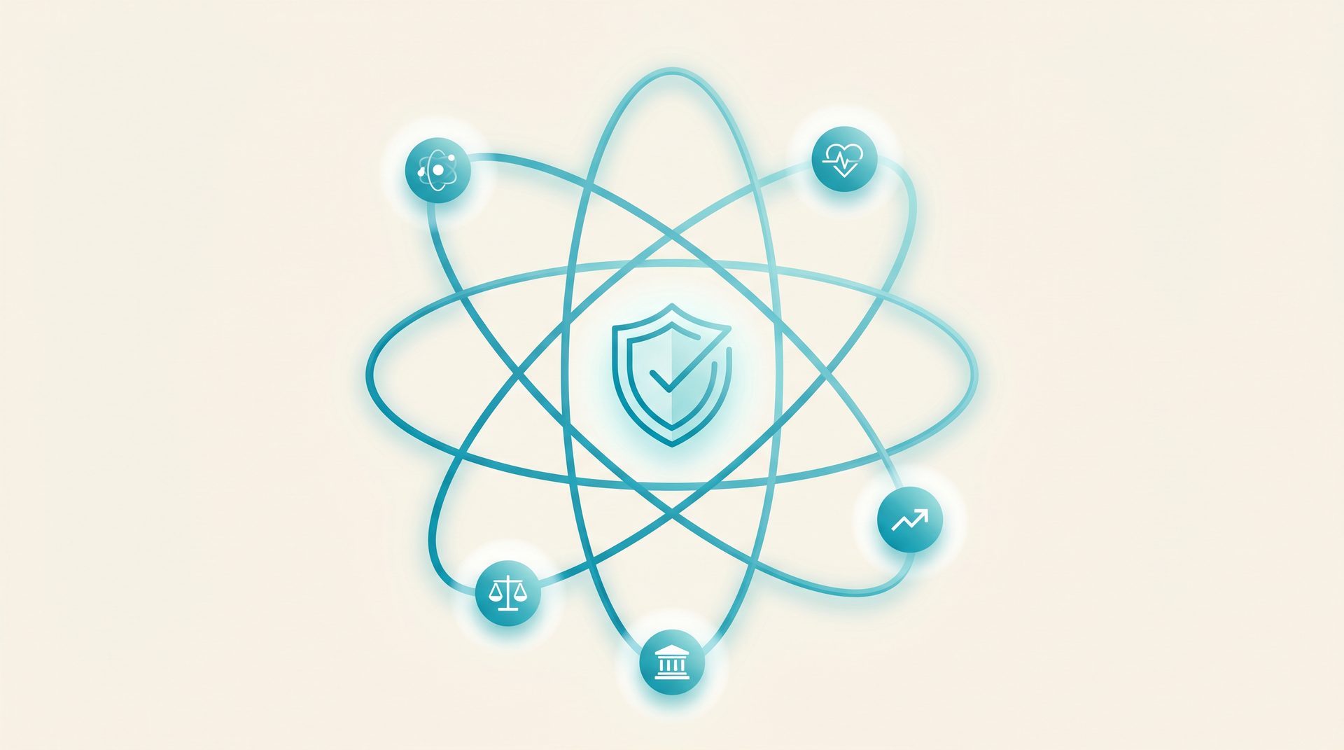An atomic orbit graphic with a shield at its core, encircled by governance, health, legal, and analytics icons