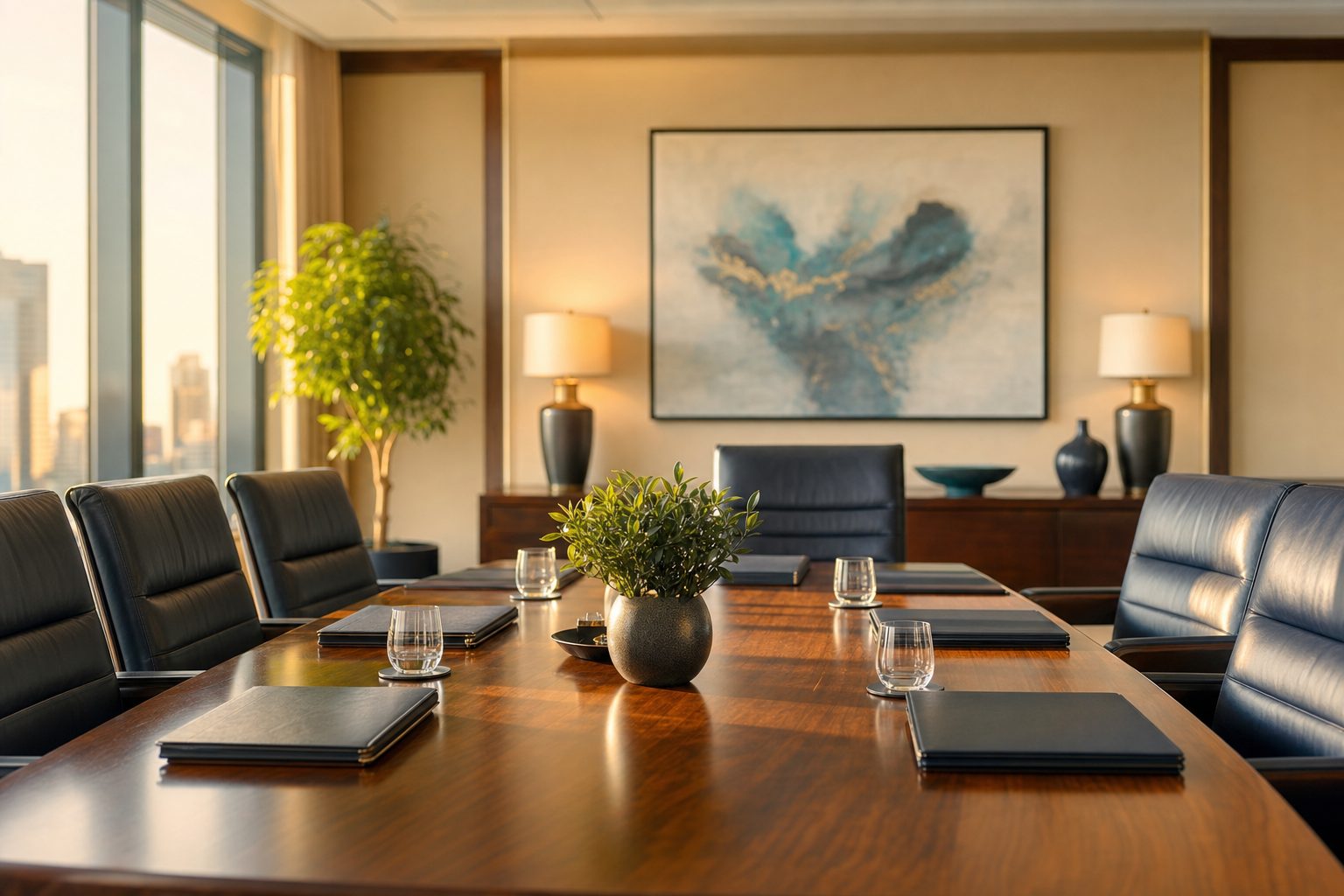 An executive boardroom set for a governance and audit-committee meeting