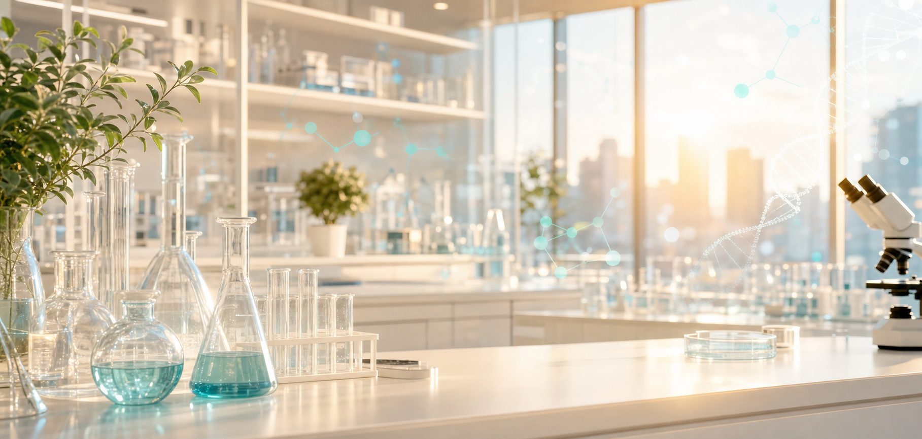 A bright life-sciences laboratory with data and molecular network overlays representing protected health data